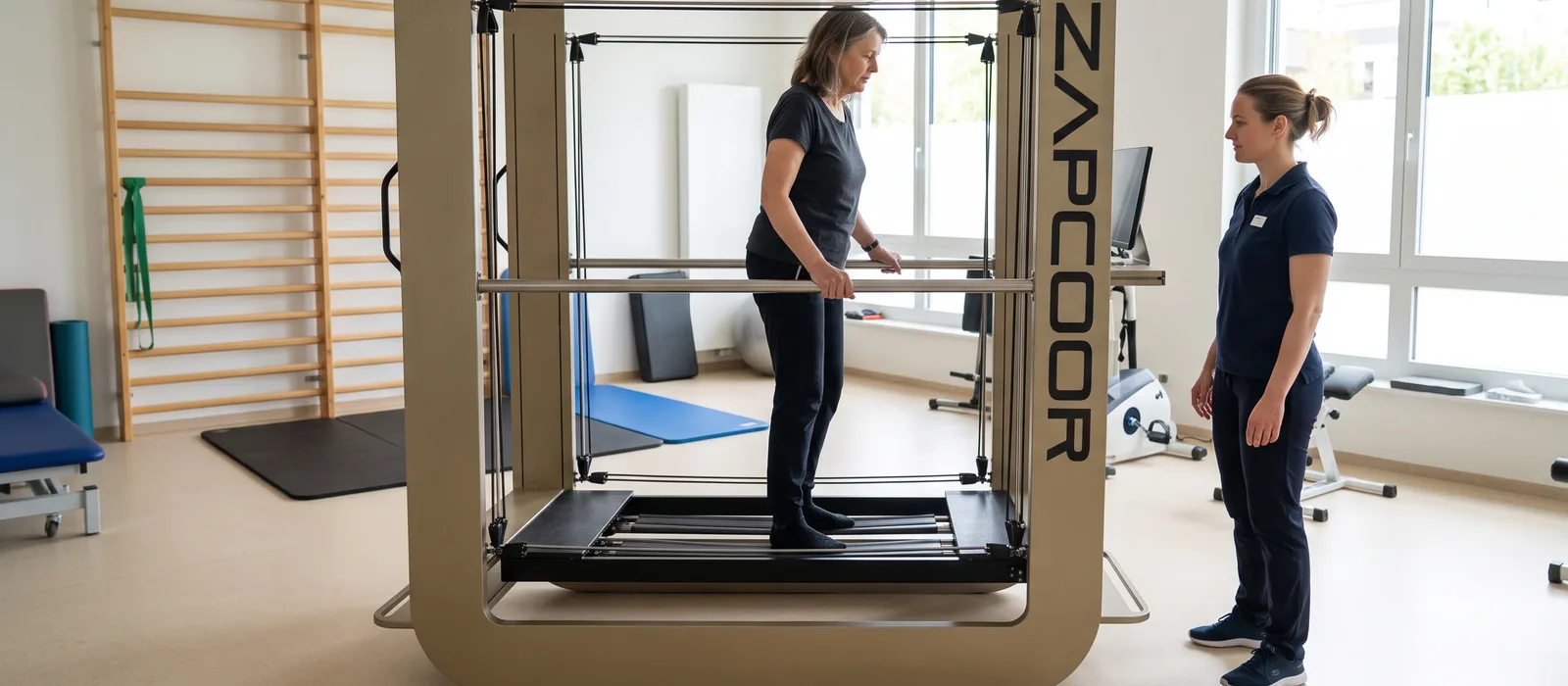 Therapeutin begleitet Patientin beim Training auf dem ZAPCOOR