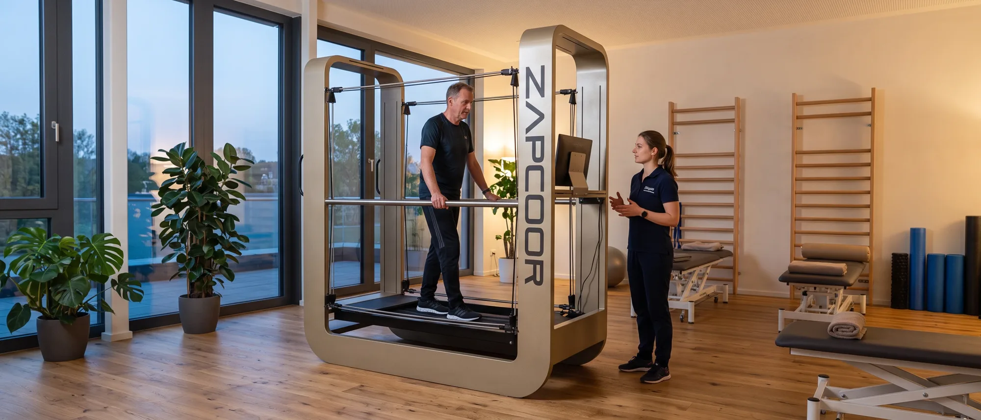 Therapeutin begleitet einen Patienten beim Training auf dem ZAPCOOR in der Praxis