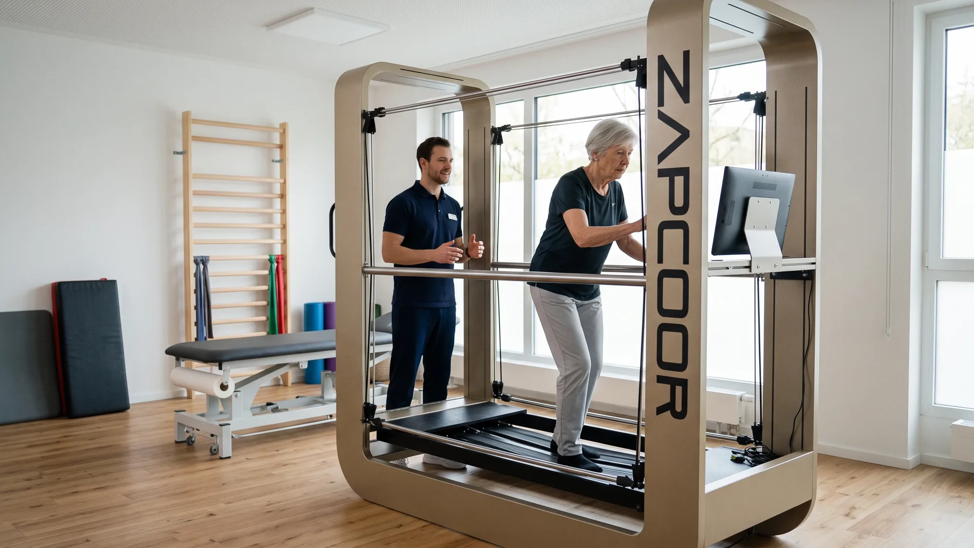 Therapeut erklärt einer Seniorin die Übung am Touch Display des ZAPCOOR