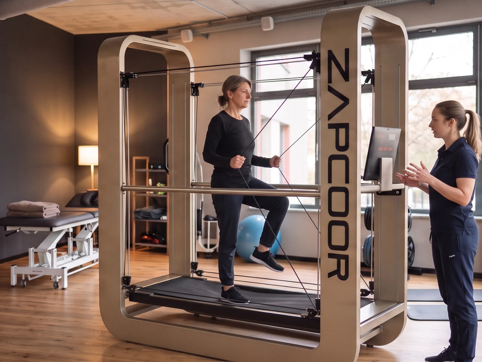 Frau steht auf einem Bein im ZAPCOOR, eine Physiotherapeutin begleitet das Training