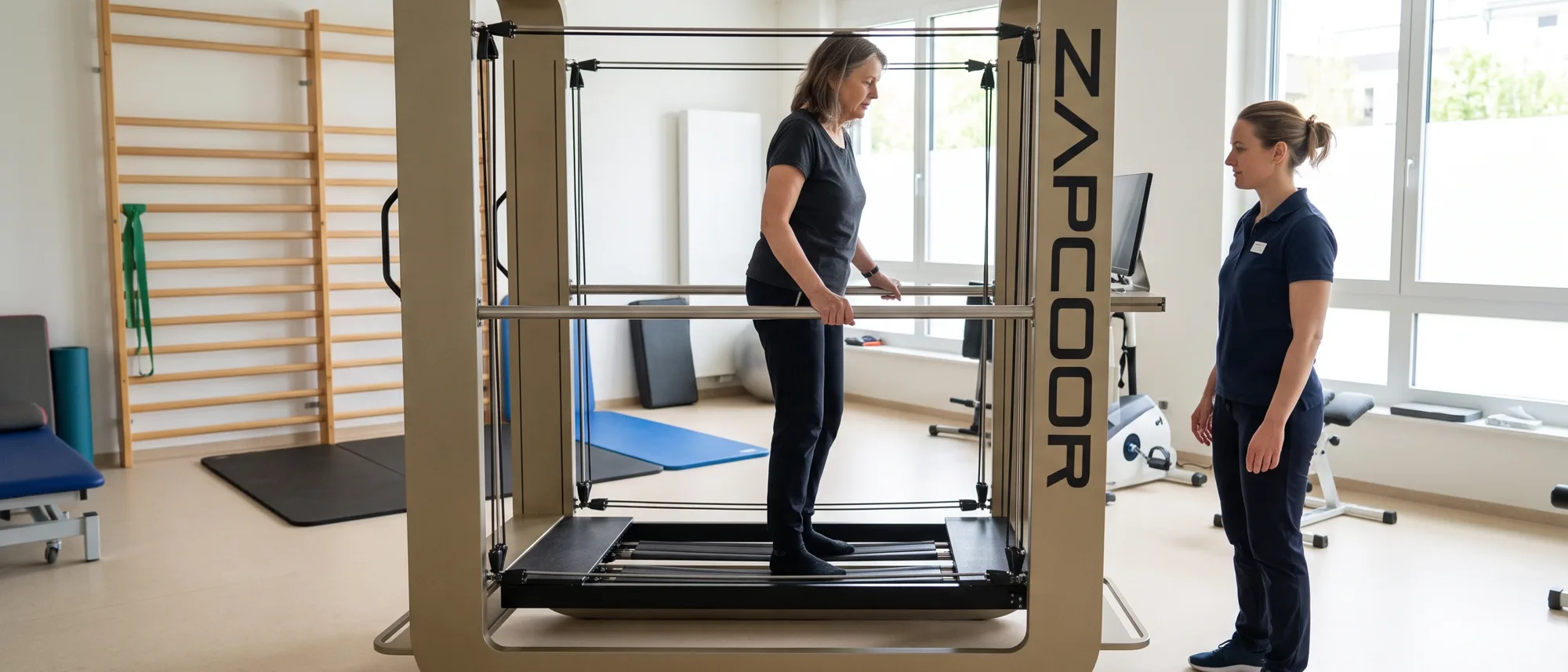 Therapeutin begleitet Patientin nach Hüft OP beim Training auf dem ZAPCOOR