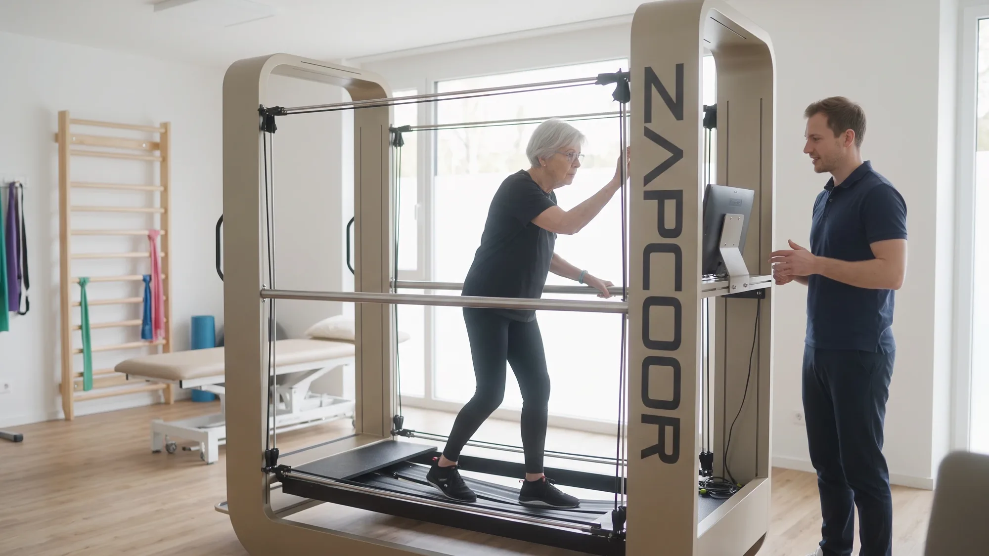 Seniorin startet ihre Übung am Touch Display des ZAPCOOR