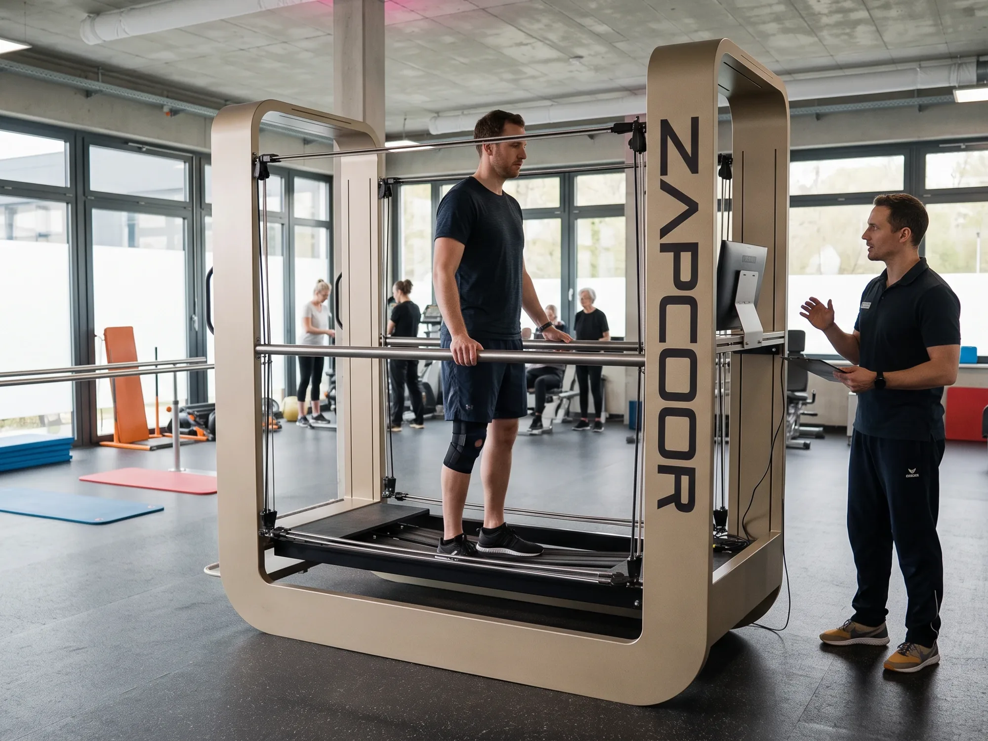 Therapeut sichert Patienten bei der Knie Reha auf dem ZAPCOOR