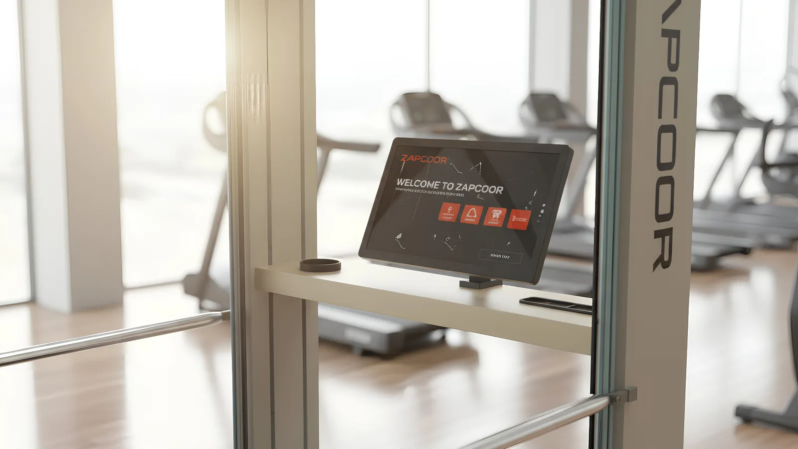 Athlet trainiert am ZAPCOOR, im Hintergrund das Touch-Display mit Trainingsprogramm